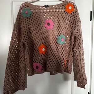 Floral Crochet Sweater - Brown with Multicolor Accents